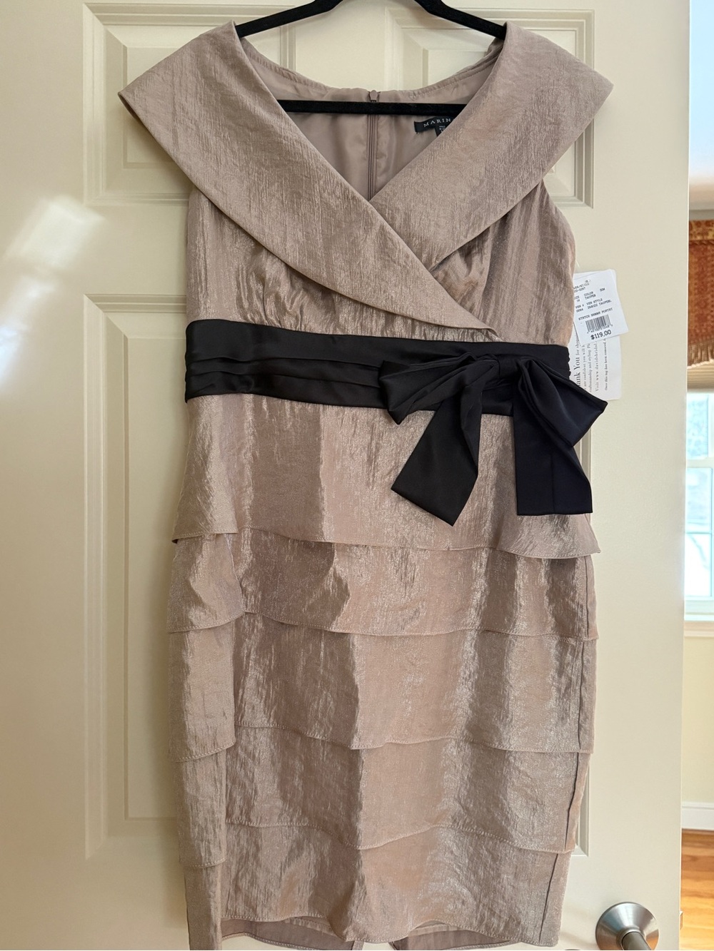 MARINA Taupe Tiered Satin Midi Dress with Black Sash
